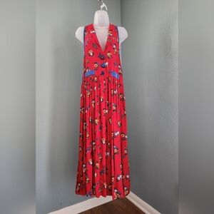 Vintage Janice McCarty Red Floral V-Neck Maxi Dress with Blue Accents